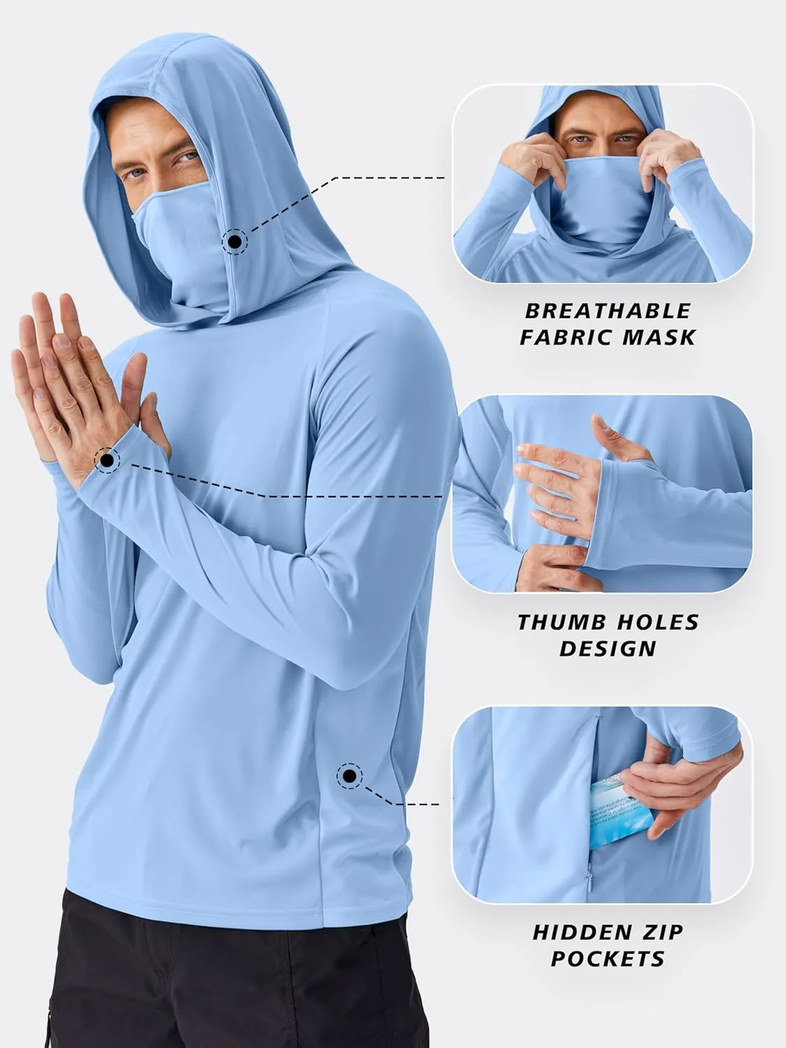 PINSPARK Men's Sun Protection Hoodie with Mask UPF 50  UV Long Sleeve Shirt Men Rash Guard Performance Fishing Hiking Shirt