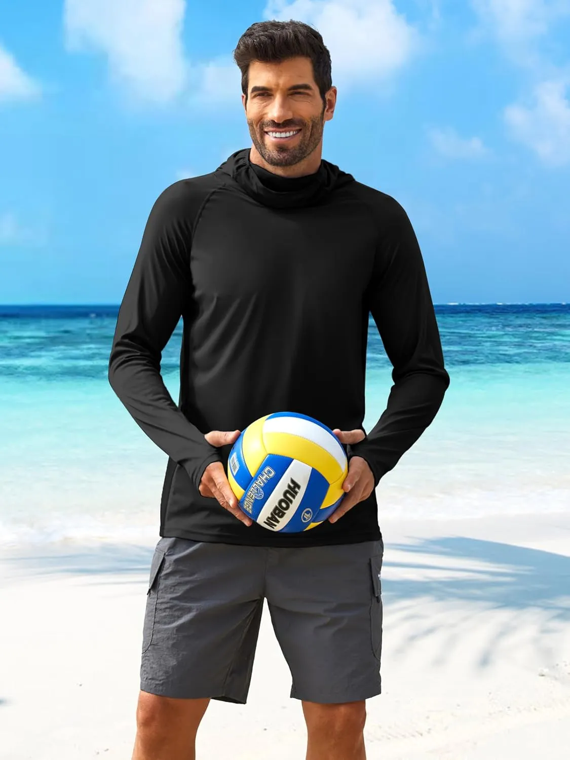PINSPARK Men's Sun Protection Hoodie with Mask UPF 50  UV Long Sleeve Shirt Men Rash Guard Performance Fishing Hiking Shirt