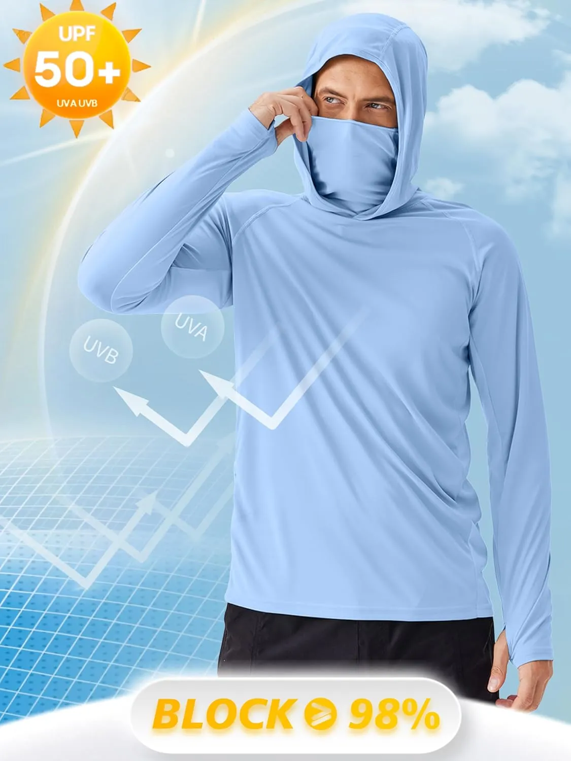 PINSPARK Men's Sun Protection Hoodie with Mask UPF 50  UV Long Sleeve Shirt Men Rash Guard Performance Fishing Hiking Shirt