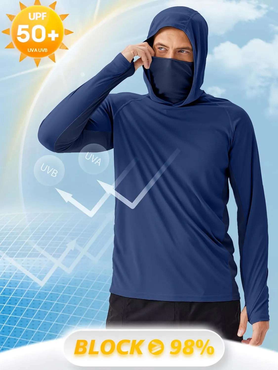 PINSPARK Men's Sun Protection Hoodie with Mask UPF 50  UV Long Sleeve Shirt Men Rash Guard Performance Fishing Hiking Shirt