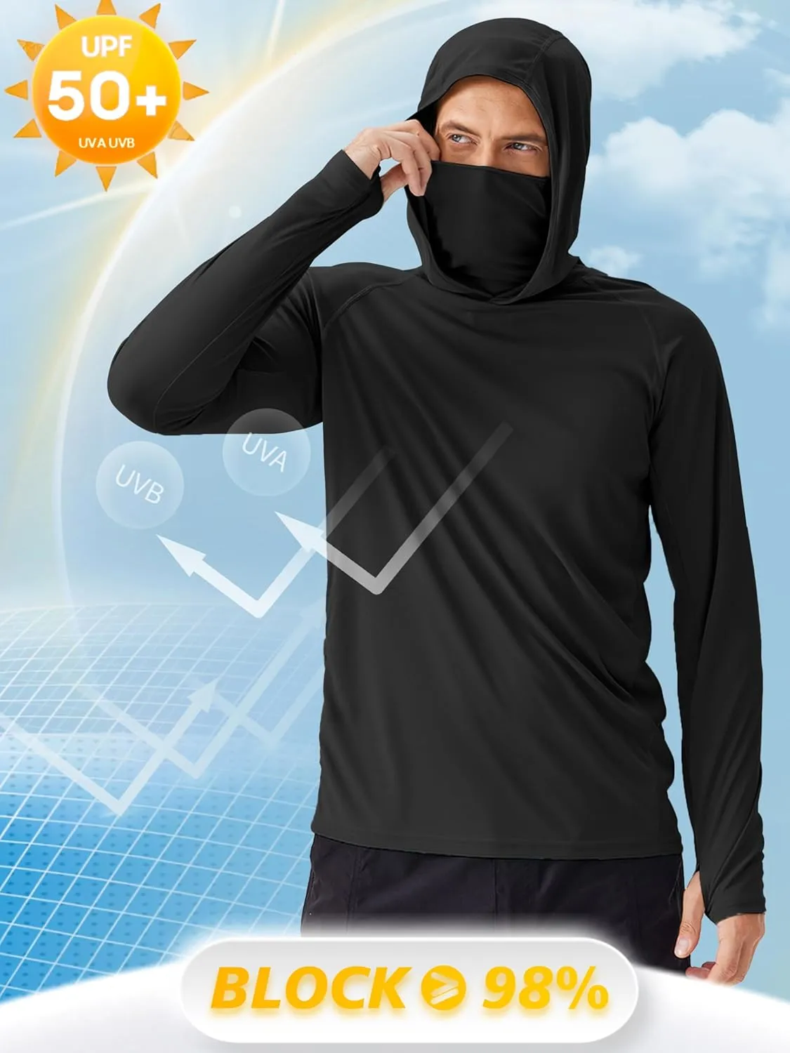 PINSPARK Men's Sun Protection Hoodie with Mask UPF 50  UV Long Sleeve Shirt Men Rash Guard Performance Fishing Hiking Shirt