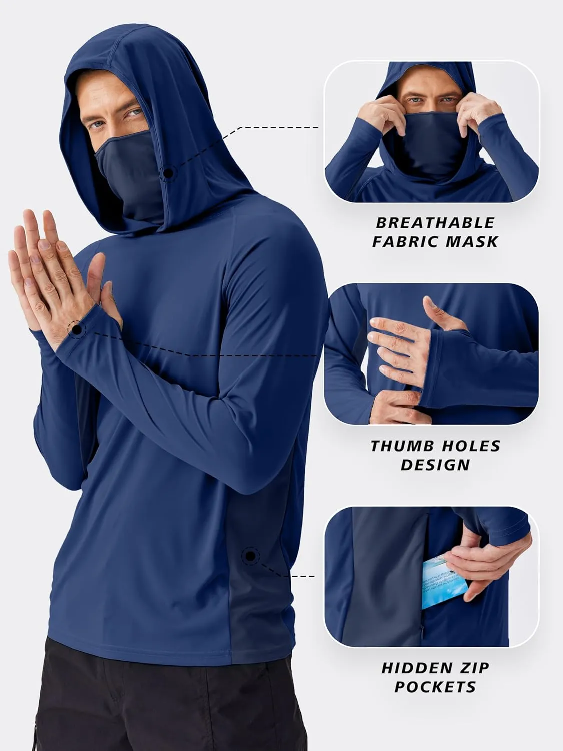 PINSPARK Men's Sun Protection Hoodie with Mask UPF 50  UV Long Sleeve Shirt Men Rash Guard Performance Fishing Hiking Shirt