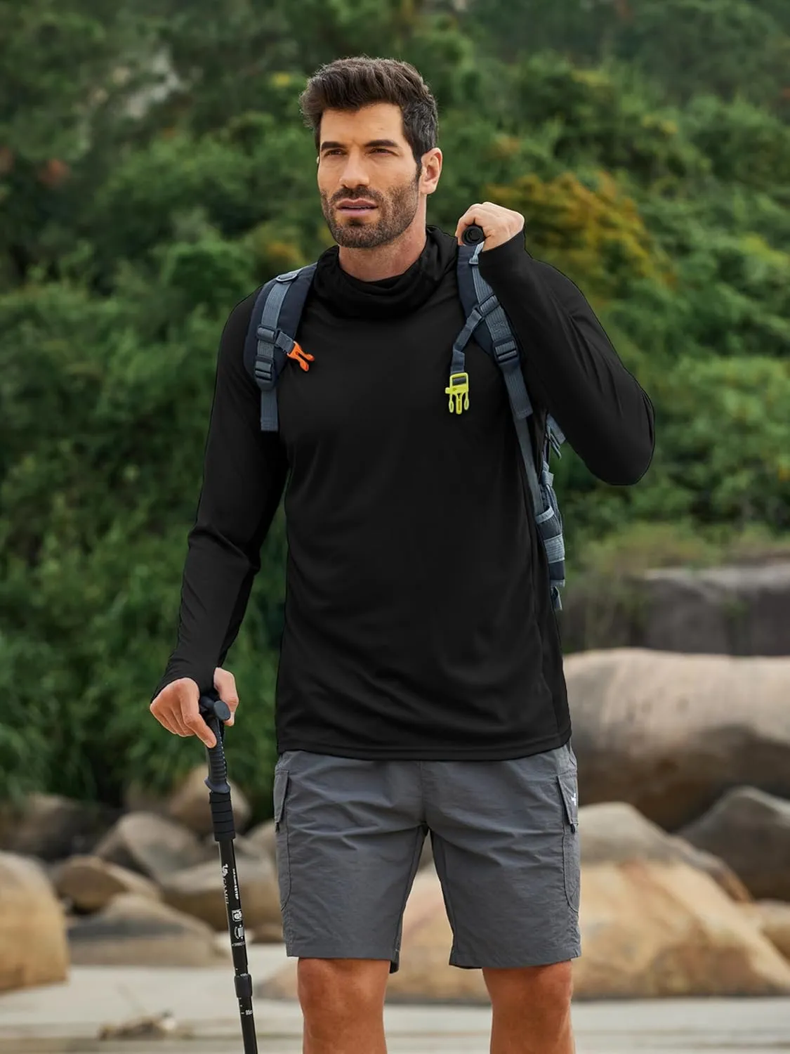 PINSPARK Men's Sun Protection Hoodie with Mask UPF 50  UV Long Sleeve Shirt Men Rash Guard Performance Fishing Hiking Shirt
