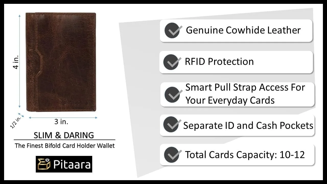 Pitaara Genuine Leather Slim Hand Crafted Minimalist Bifold Front Pocket Wallet with RFID Blocking