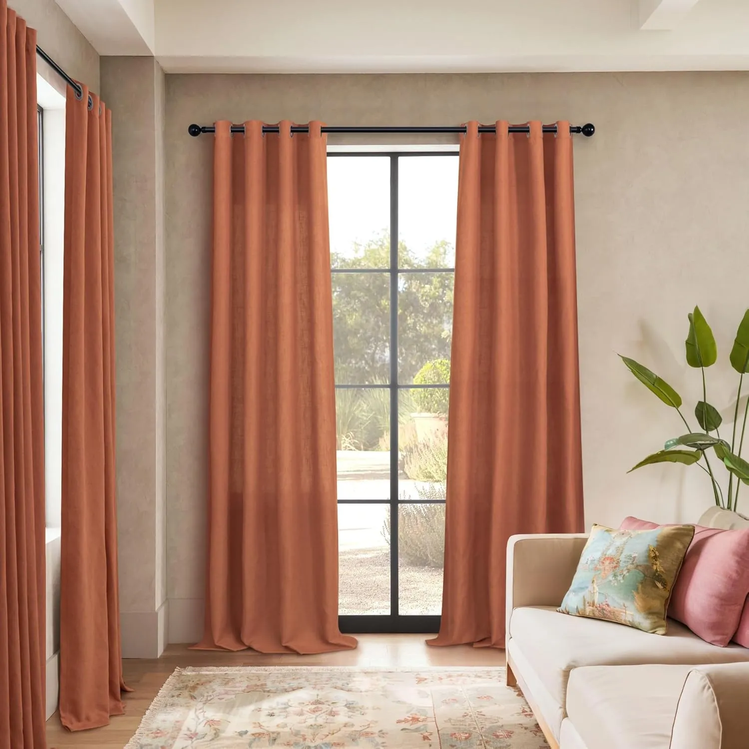Pitalk Mid Century Modern Curtains for Living Room 63 Inch Length Grommet Colorful Boho MCM Linen Sheer Funky Curtains for Bedroom Bay Window Terracotta Colored Rust Terra Cotta Brick Red 52x63 Long
