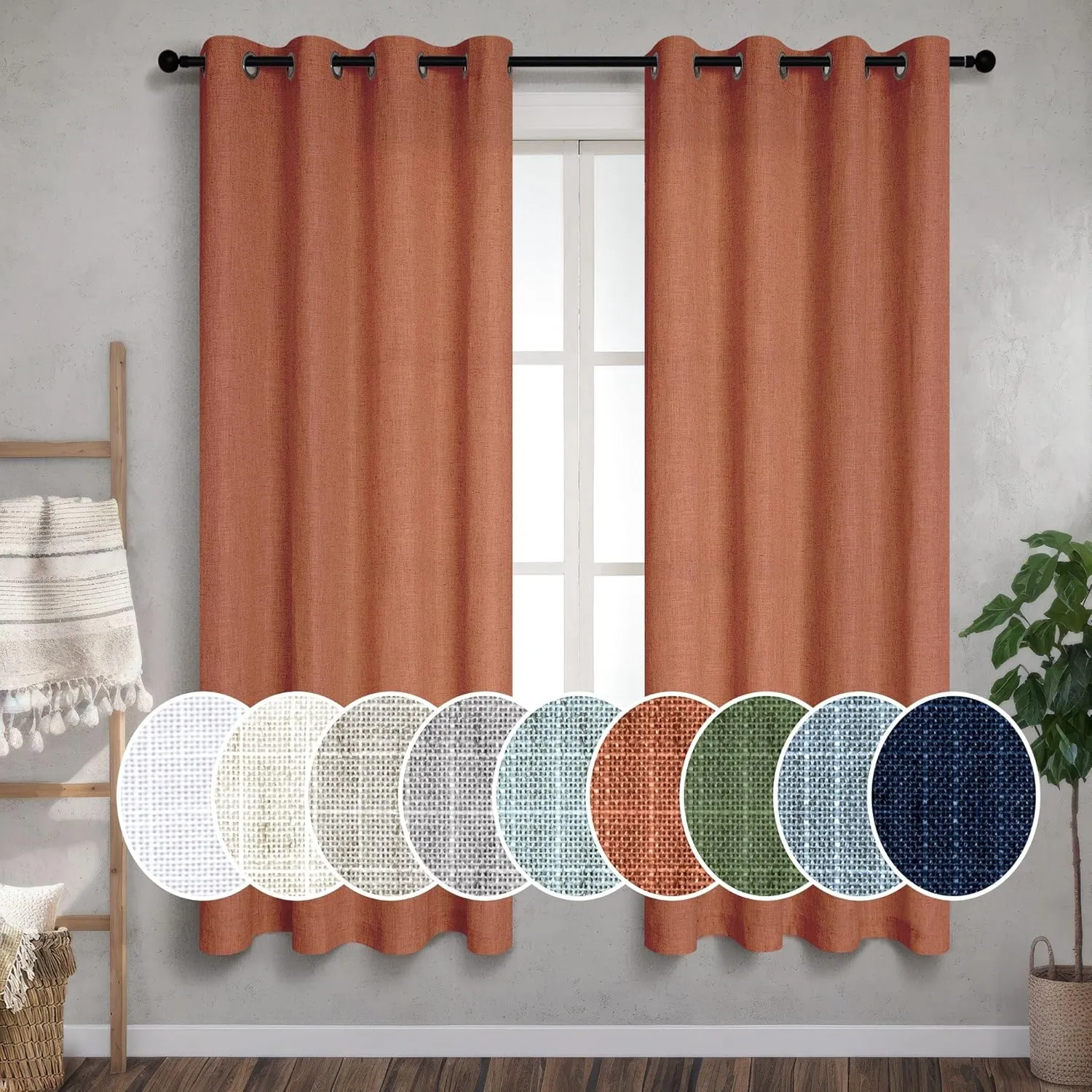 Pitalk Mid Century Modern Curtains for Living Room 63 Inch Length Grommet Colorful Boho MCM Linen Sheer Funky Curtains for Bedroom Bay Window Terracotta Colored Rust Terra Cotta Brick Red 52x63 Long