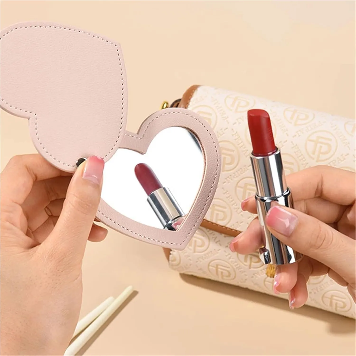Pocket Mirror 2pc Mini Heart Shaped Makeup Mirror Stainless Steel Portable PU Cover Rotary Cosmetic Mirrors Pocket Mirror for Travel Makeup(Gold)