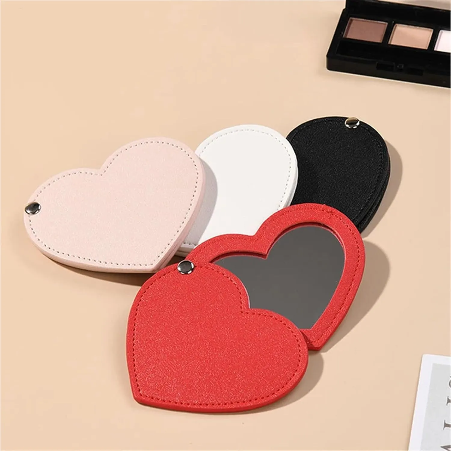 Pocket Mirror 2pc Mini Heart Shaped Makeup Mirror Stainless Steel Portable PU Cover Rotary Cosmetic Mirrors Pocket Mirror for Travel Makeup(Gold)