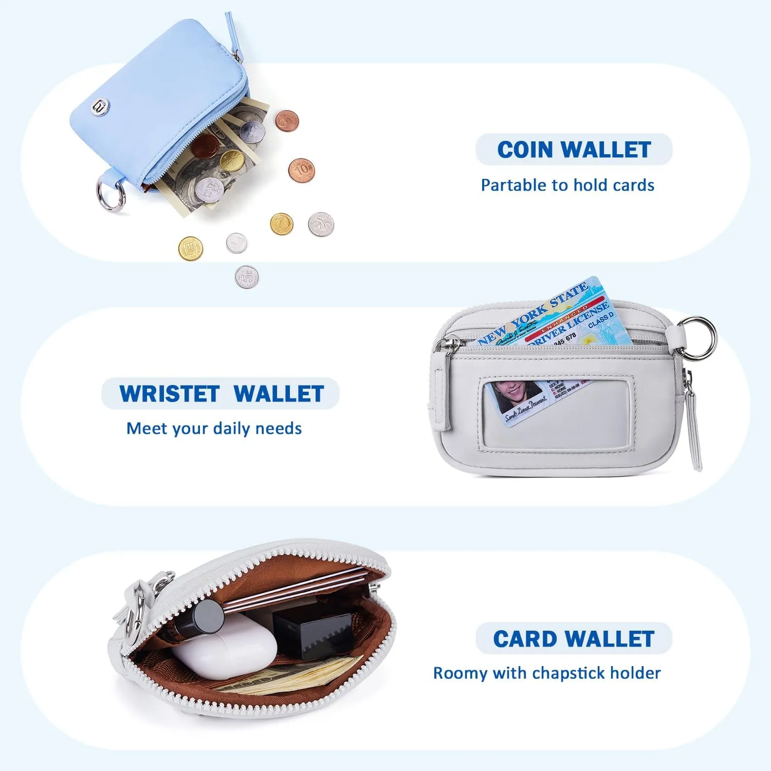POIUGOYA Keychain Wristlet Wallet,Dual Pouch Wristlet Portable,Nylon RFID Coin Purse Small Wallet with key ring,ID Window