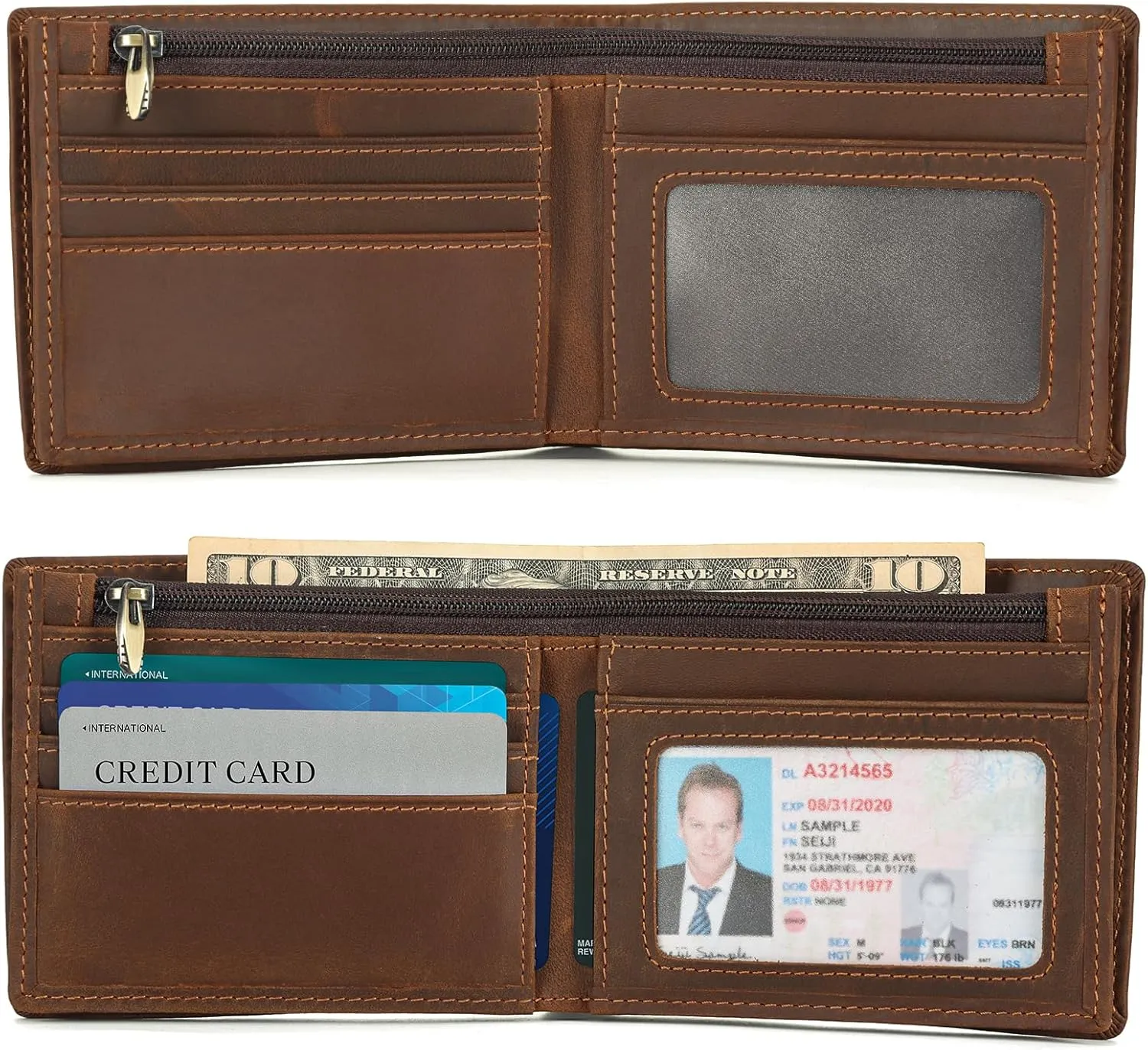 Polare Men's RFID Blocking Cowboy Genuine Natural Crazy Horse Leather Bifold Wallet