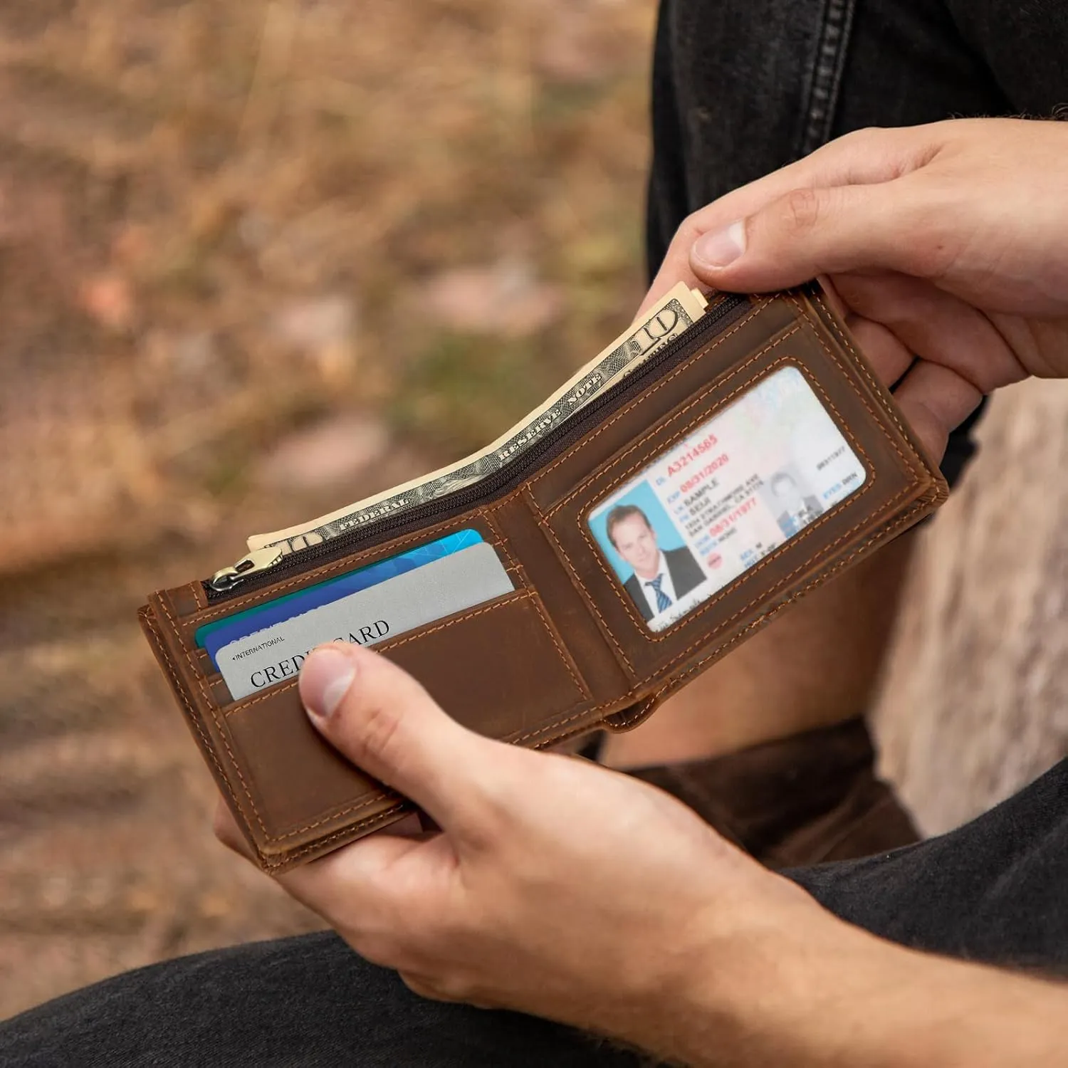Polare Men's RFID Blocking Cowboy Genuine Natural Crazy Horse Leather Bifold Wallet