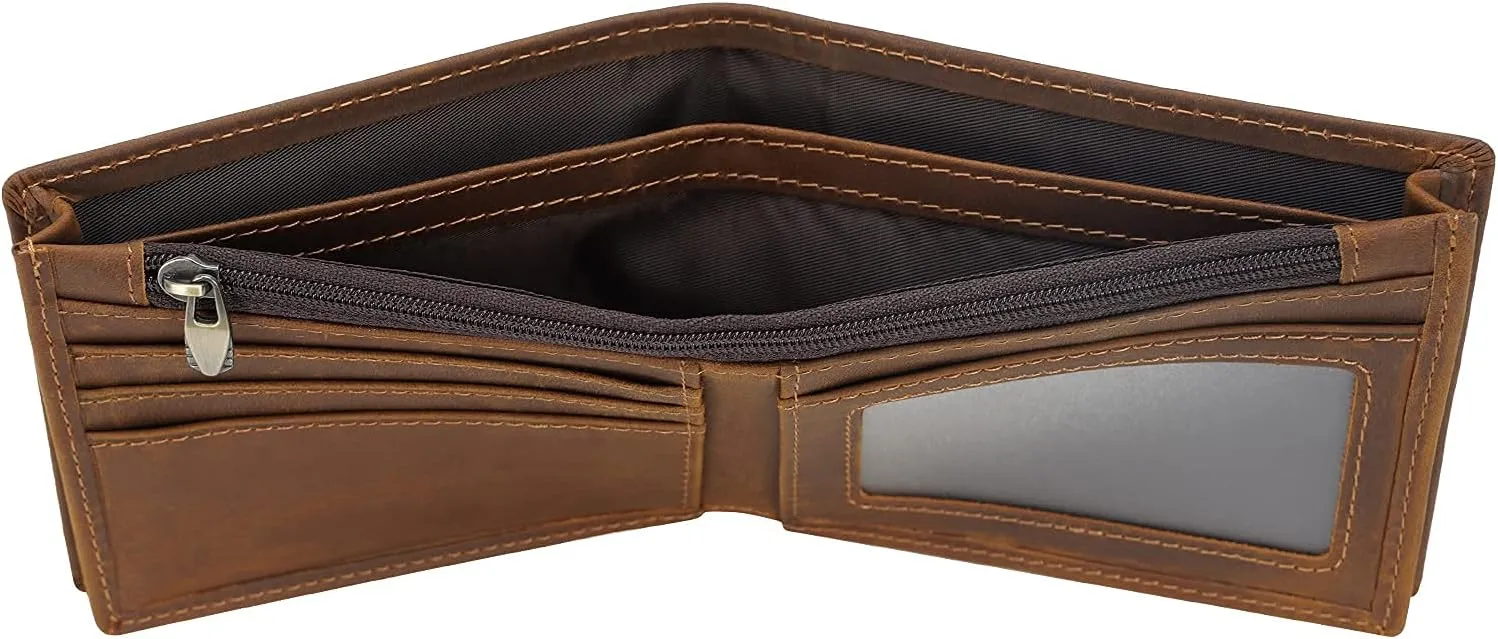 Polare Men's RFID Blocking Cowboy Genuine Natural Crazy Horse Leather Bifold Wallet