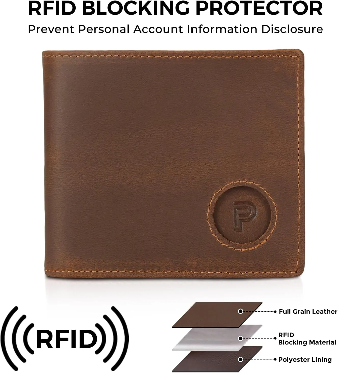 Polare Men's RFID Blocking Cowboy Genuine Natural Crazy Horse Leather Bifold Wallet