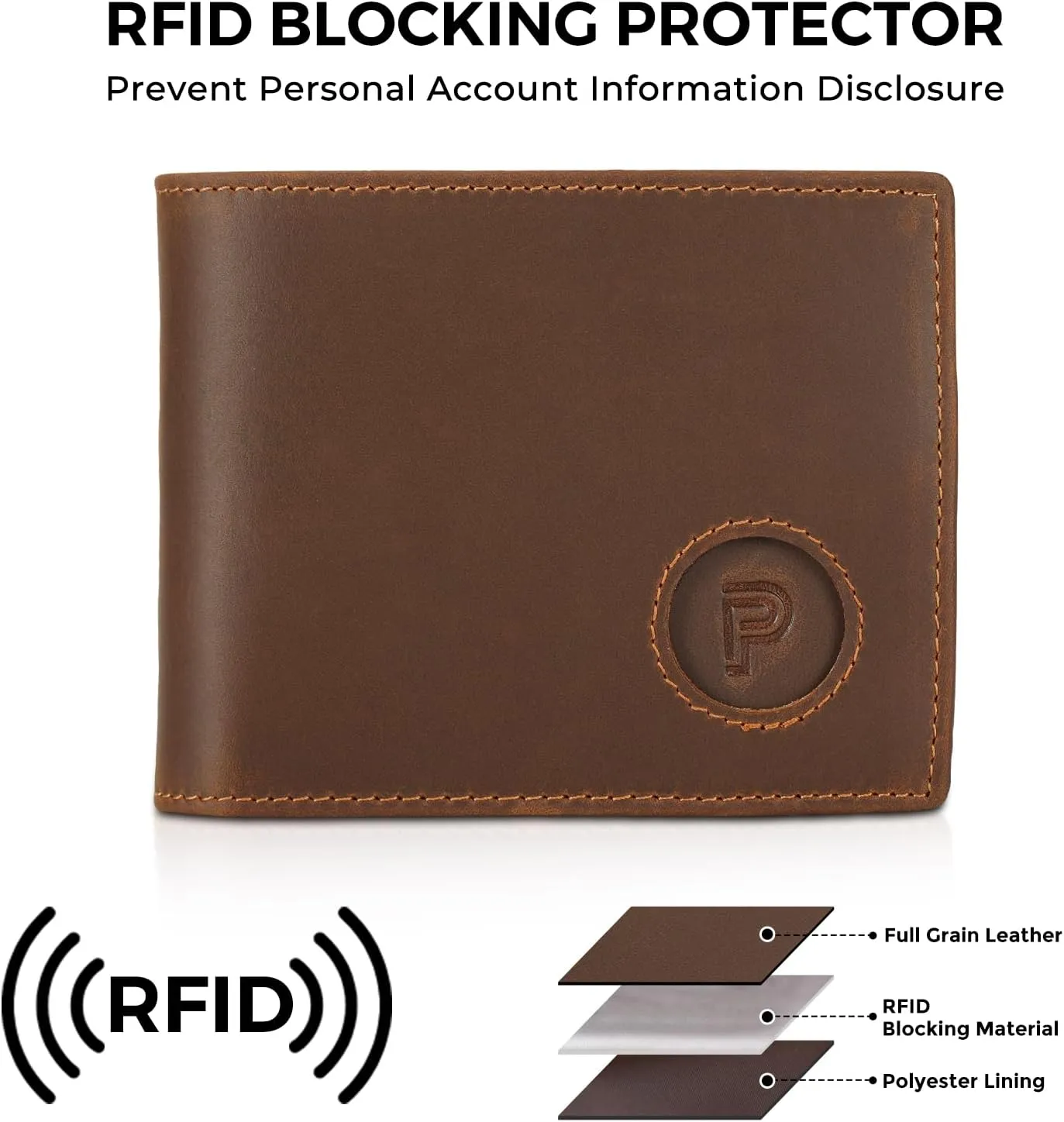 Polare Men's RFID Blocking Cowboy Genuine Natural Crazy Horse Leather Bifold Wallet
