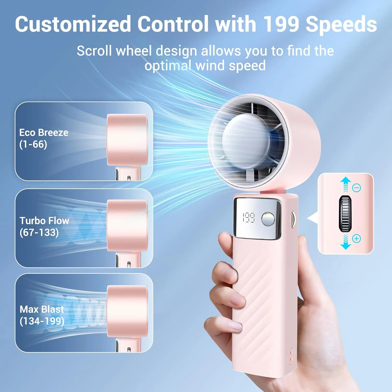 Portable Handheld Fan, Powerful Turbo Mini Personal Fan with 199 Speeds, 20hrs Run Time, Foldable & USB Rechargeable with LED Display, Gift for Women & Men, For Travel, Working, Outdoor (Nude Pink)