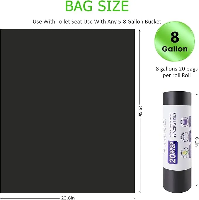 Portable Toilet Bags 8 Gallon Trash Bag,Poop Bags for Dogs Biodegradable,5 Gallon Bucket,Lightweight & Sturdy Pet Waste Bags,Garbage Bags Refill Rolls for Outdoor Camping,Travel（Black）