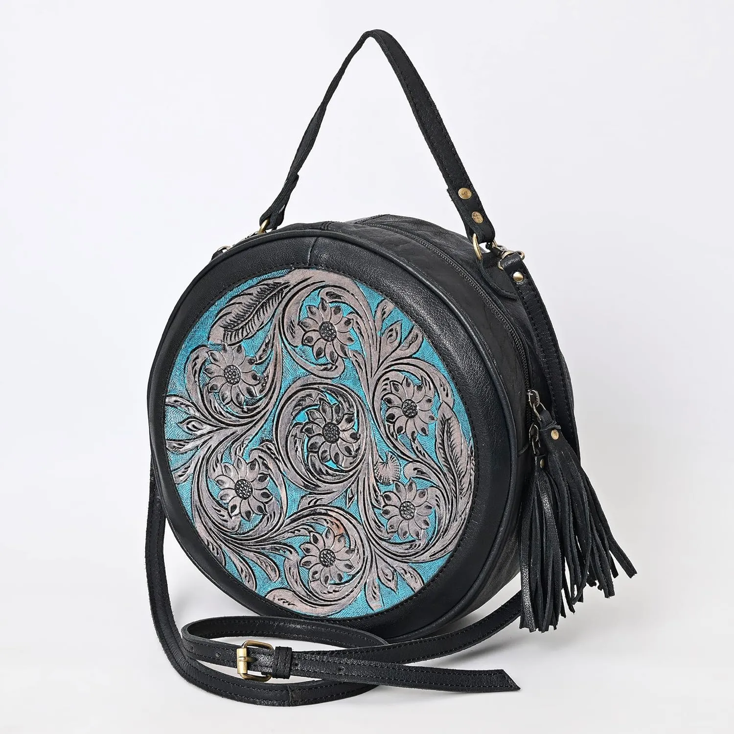 Premium Handtooled Leather Round Western Crossbody Bag Purses For Women