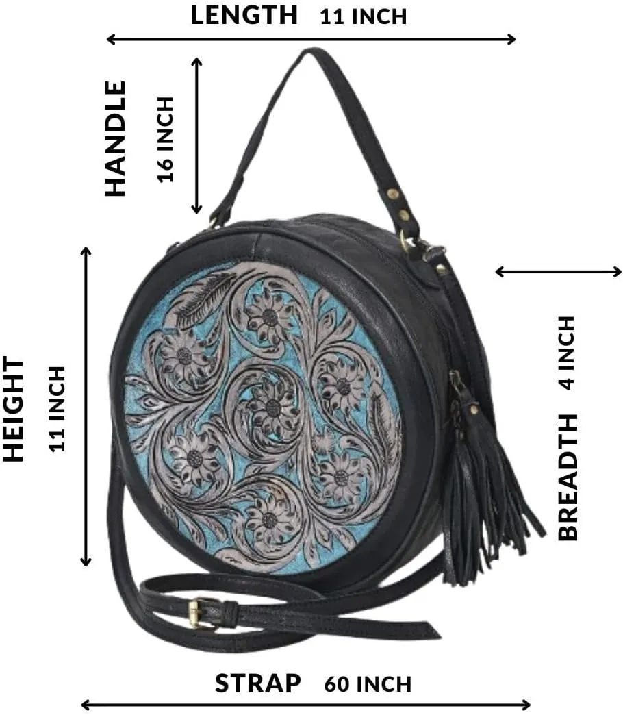 Premium Handtooled Leather Round Western Crossbody Bag Purses For Women