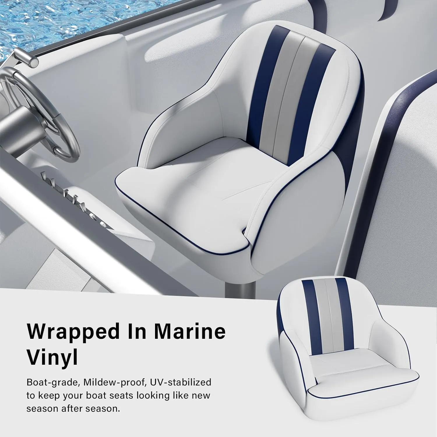 Premium Pontoon Boat Seat Bucket Seat, Boat Captains Chair, Heavy-Duty Frame, Screws Included Easy Assimble, White/Navy Blue