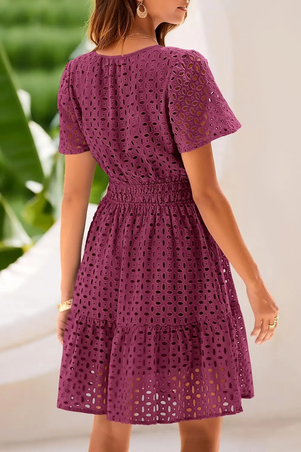 PRETTYGARDEN 2025 Women Summer Short Dress V Neck Short Sleeve A Line Hollow Out Lace Ruffle Cute Casual Beach Party Dresses
