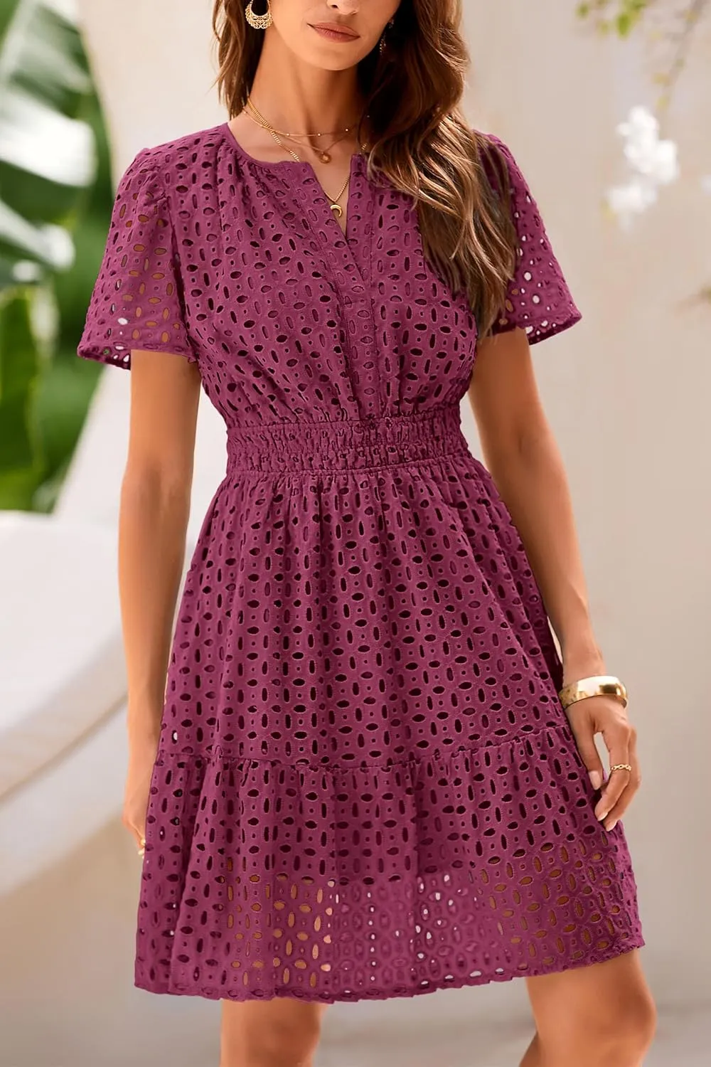 PRETTYGARDEN 2025 Women Summer Short Dress V Neck Short Sleeve A Line Hollow Out Lace Ruffle Cute Casual Beach Party Dresses