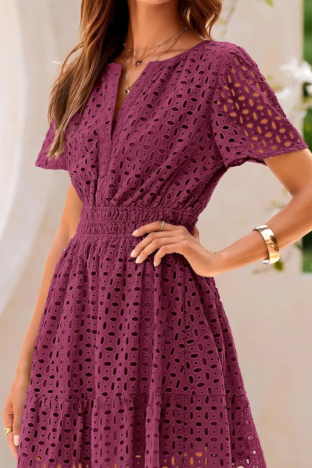 PRETTYGARDEN 2025 Women Summer Short Dress V Neck Short Sleeve A Line Hollow Out Lace Ruffle Cute Casual Beach Party Dresses