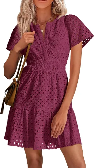 PRETTYGARDEN 2025 Women Summer Short Dress V Neck Short Sleeve A Line Hollow Out Lace Ruffle Cute Casual Beach Party Dresses
