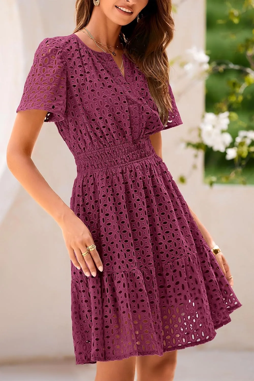 PRETTYGARDEN 2025 Women Summer Short Dress V Neck Short Sleeve A Line Hollow Out Lace Ruffle Cute Casual Beach Party Dresses