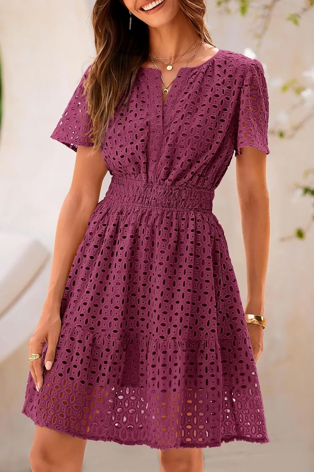 PRETTYGARDEN 2025 Women Summer Short Dress V Neck Short Sleeve A Line Hollow Out Lace Ruffle Cute Casual Beach Party Dresses