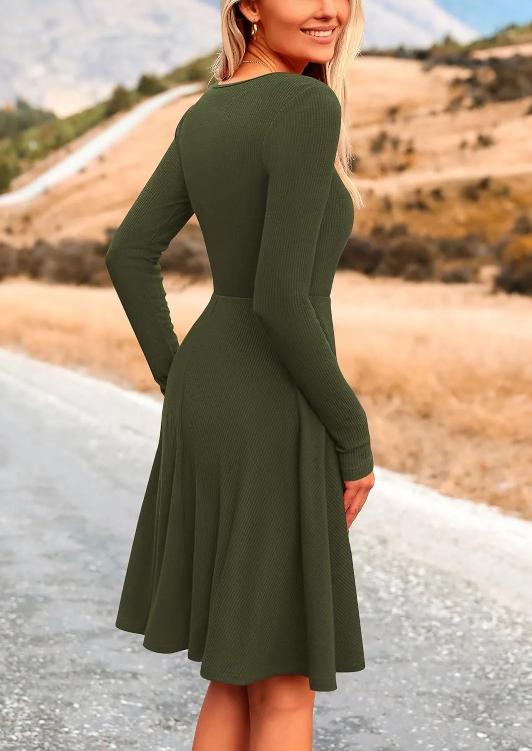 PRETTYGARDEN Women's Spring Fall Short Dress Ribbed Knit Crewneck Long Sleeve A Line Flowy Casual Elegant Going Out Dresses
