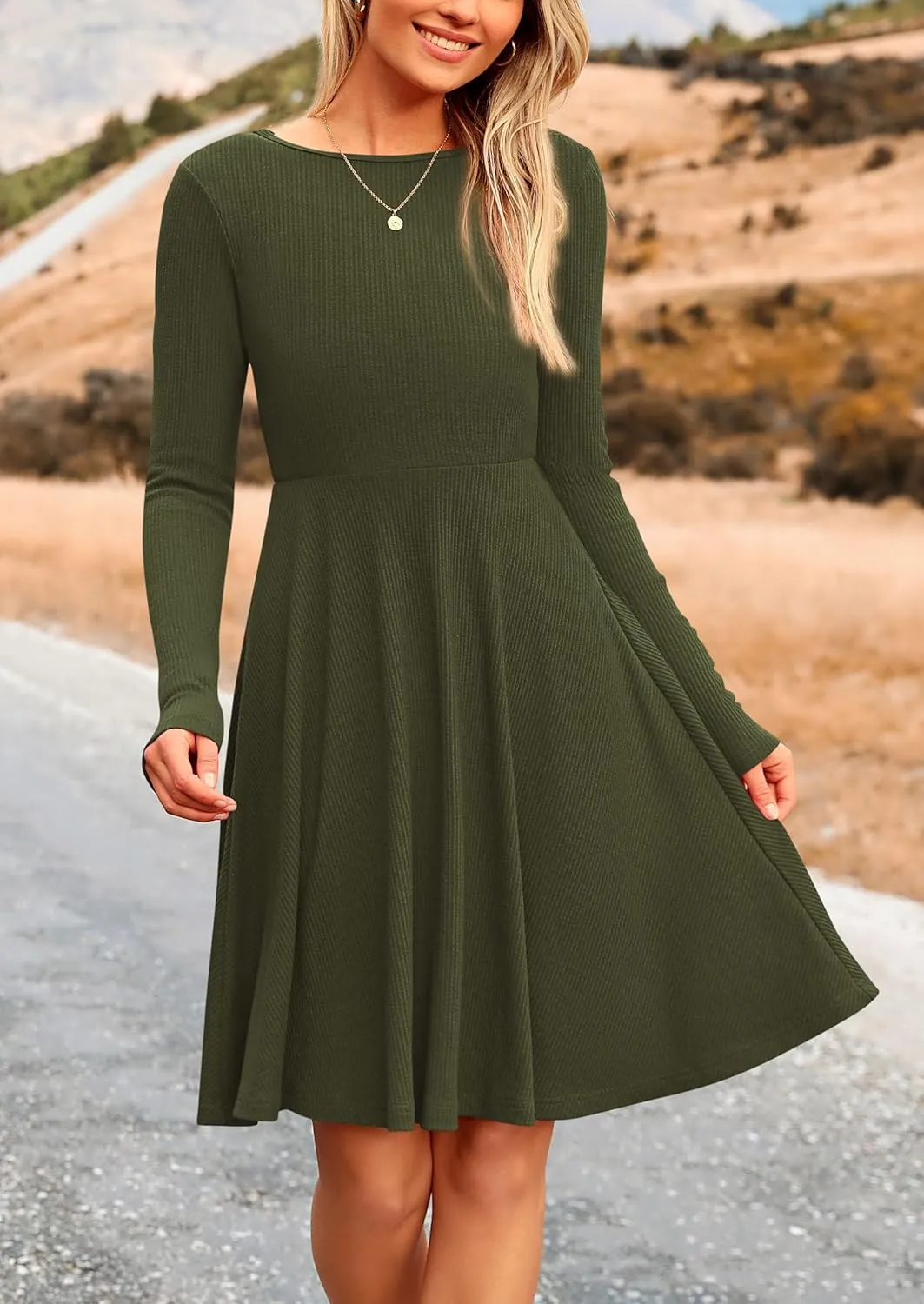 PRETTYGARDEN Women's Spring Fall Short Dress Ribbed Knit Crewneck Long Sleeve A Line Flowy Casual Elegant Going Out Dresses