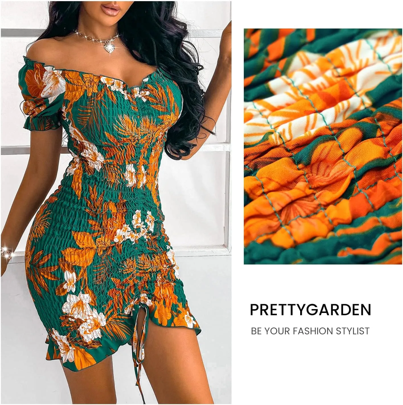 PRETTYGARDEN Women's Summer Off Shoulder Bodycon Dresses Short Sleeve Drawstring Sexy Mini Party Club Smocked Dress
