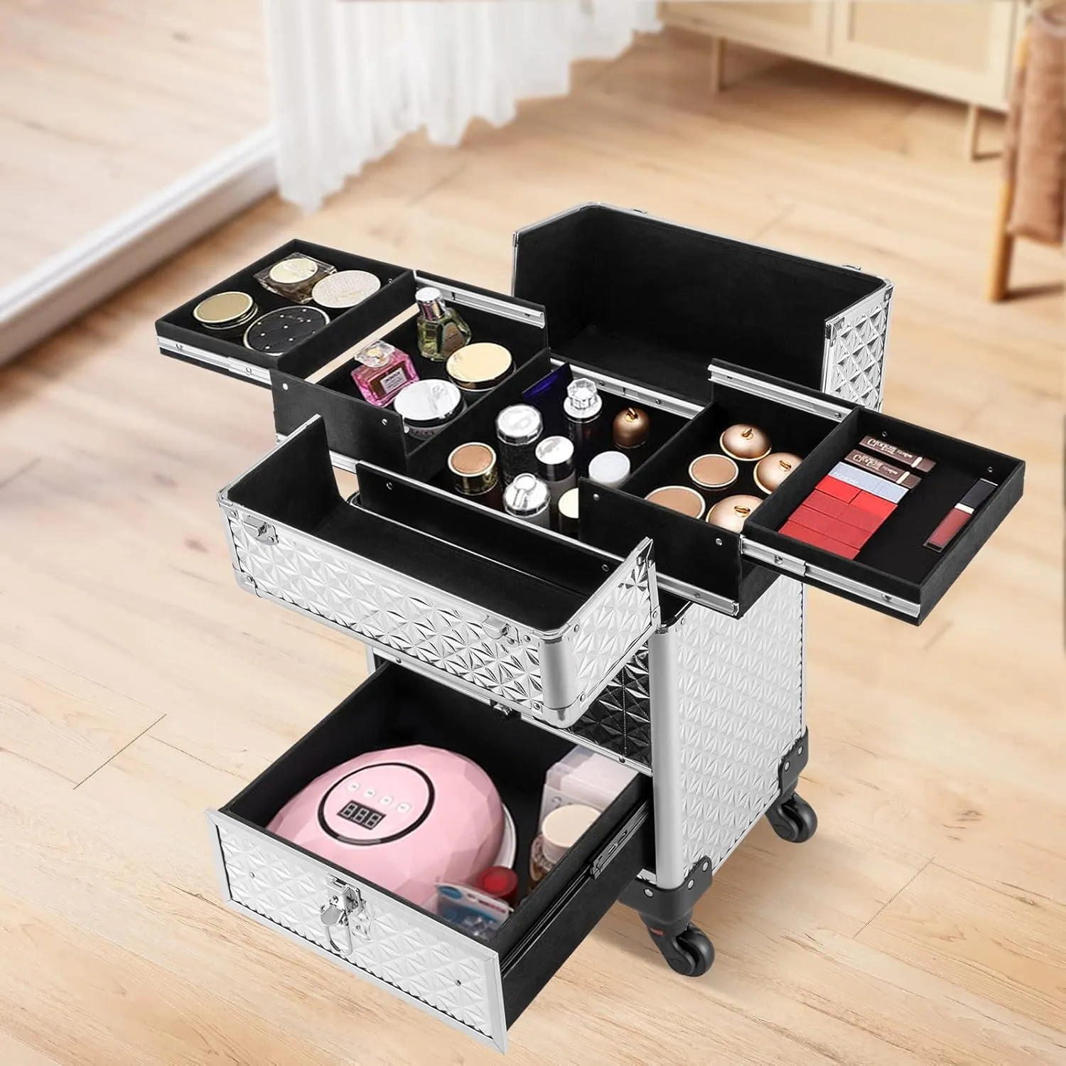 Professional Makeup Trolley, Rolling Cosmetic Train Case Wheeled Manicure Storage Cart Cosmetologist Stylist Case for Studio or Travelling, 13.4x9.8x18.5Inch (Sliver)