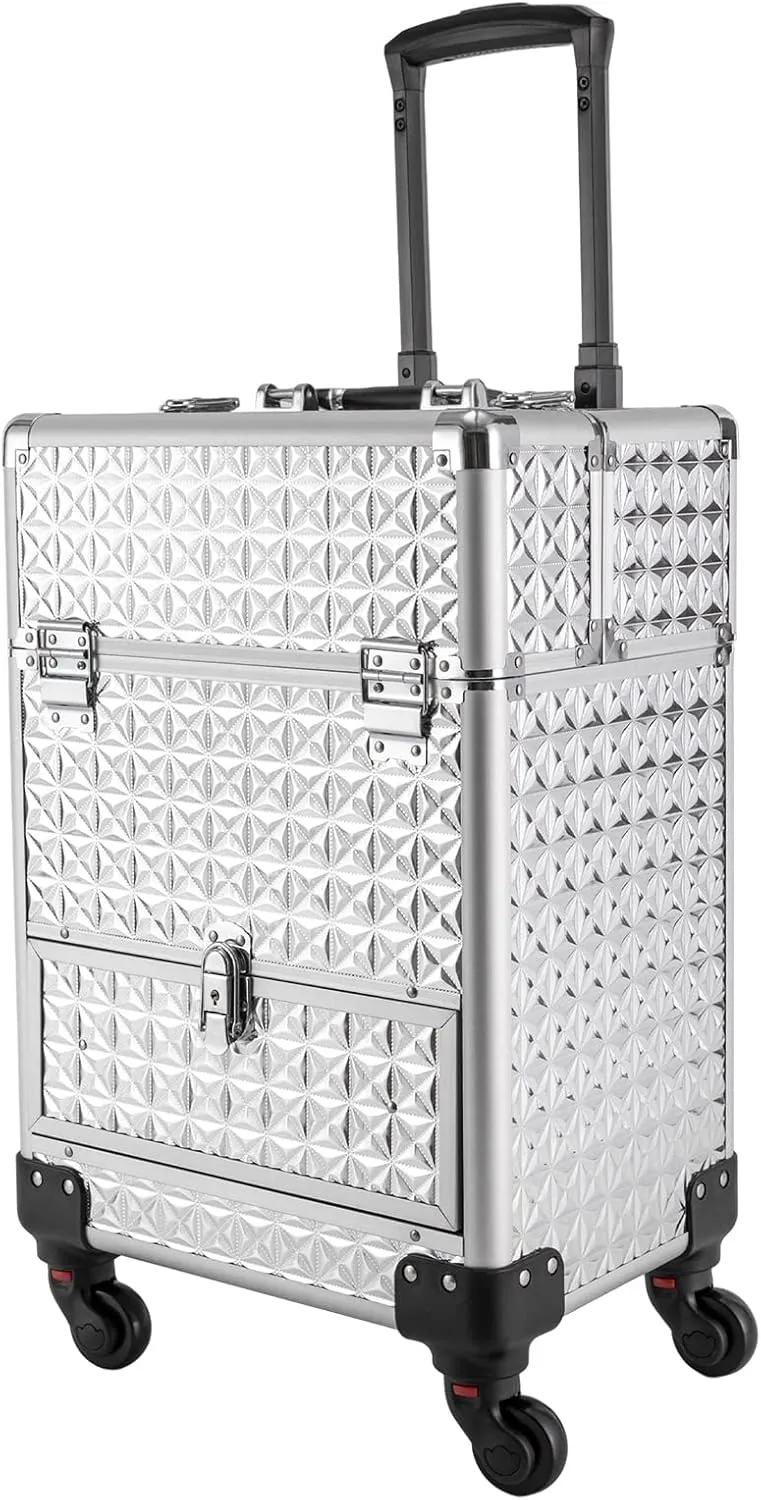 Professional Makeup Trolley, Rolling Cosmetic Train Case Wheeled Manicure Storage Cart Cosmetologist Stylist Case for Studio or Travelling, 13.4x9.8x18.5Inch (Sliver)