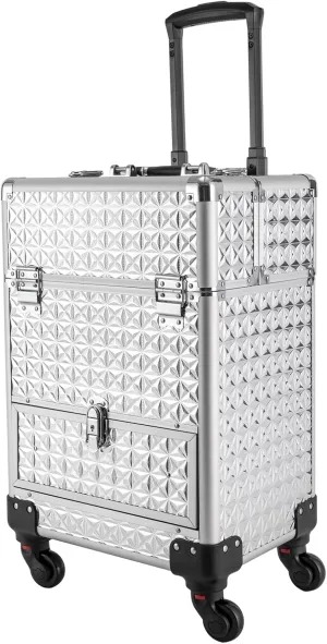 Professional Makeup Trolley, Rolling Cosmetic Train Case Wheeled Manicure Storage Cart Cosmetologist Stylist Case for Studio or Travelling, 13.4x9.8x18.5Inch (Sliver)