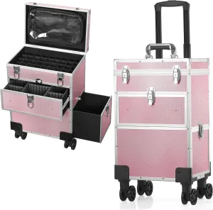 Professional Rolling Makeup Train Case, Multi-functional Manicure Cosmetic Trolley with 360° Swivel Wheels and Locks, Large Storage Makeup Organizer Rolling Nail Case for Nail Technician Artists