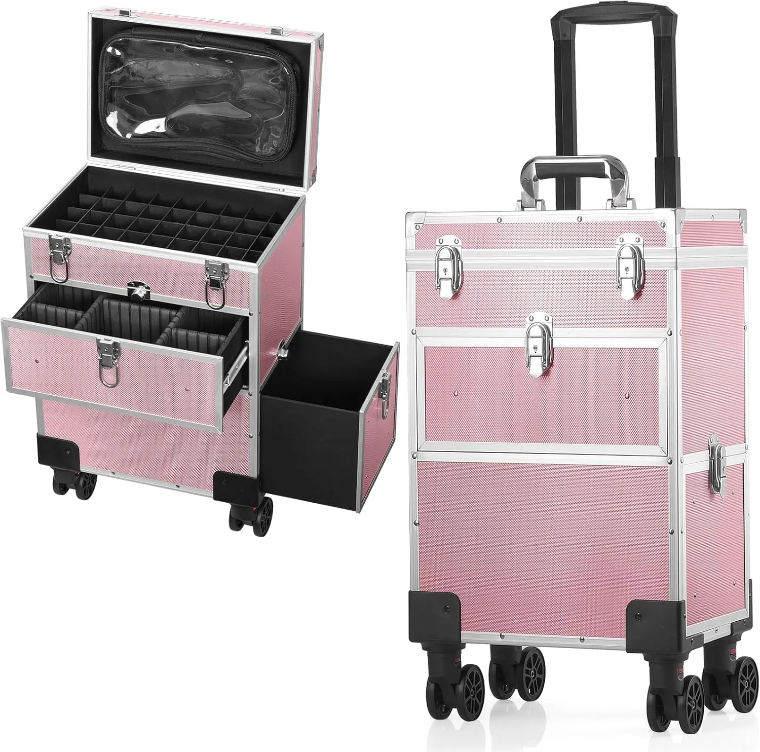 Professional Rolling Makeup Train Case, Multi-functional Manicure Cosmetic Trolley with 360° Swivel Wheels and Locks, Large Storage Makeup Organizer Rolling Nail Case for Nail Technician Artists