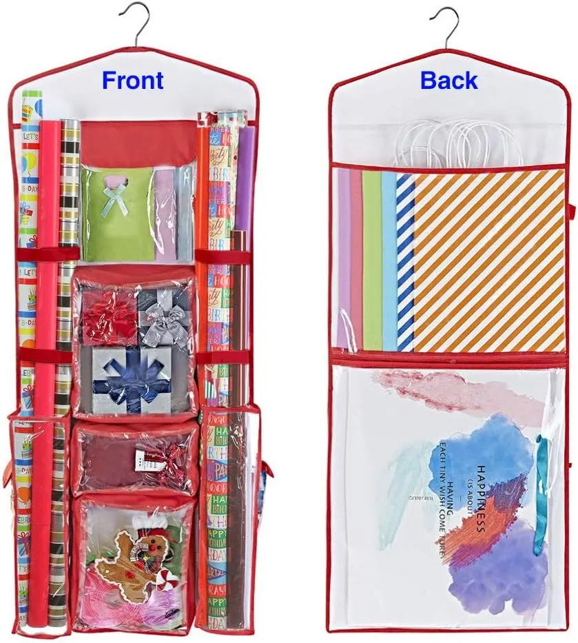 ProPik Hanging Double Sided Wrapping Paper Storage Organizer With Multiple Pockets Organize Your Gift Wrap, Gift Bags Bows Ribbons 40"X17" Fits 40 Inch Rolls Clear PVC Bag (Red)