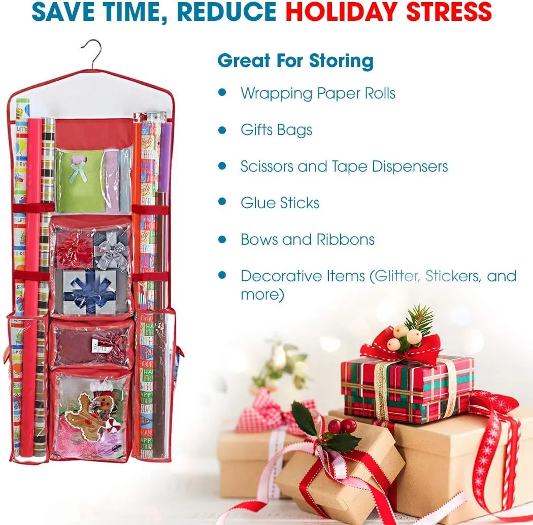 ProPik Hanging Double Sided Wrapping Paper Storage Organizer With Multiple Pockets Organize Your Gift Wrap, Gift Bags Bows Ribbons 40"X17" Fits 40 Inch Rolls Clear PVC Bag (Red)