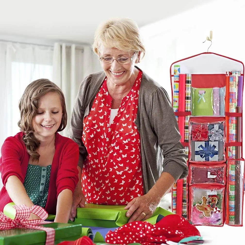 ProPik Hanging Double Sided Wrapping Paper Storage Organizer With Multiple Pockets Organize Your Gift Wrap, Gift Bags Bows Ribbons 40"X17" Fits 40 Inch Rolls Clear PVC Bag (Red)