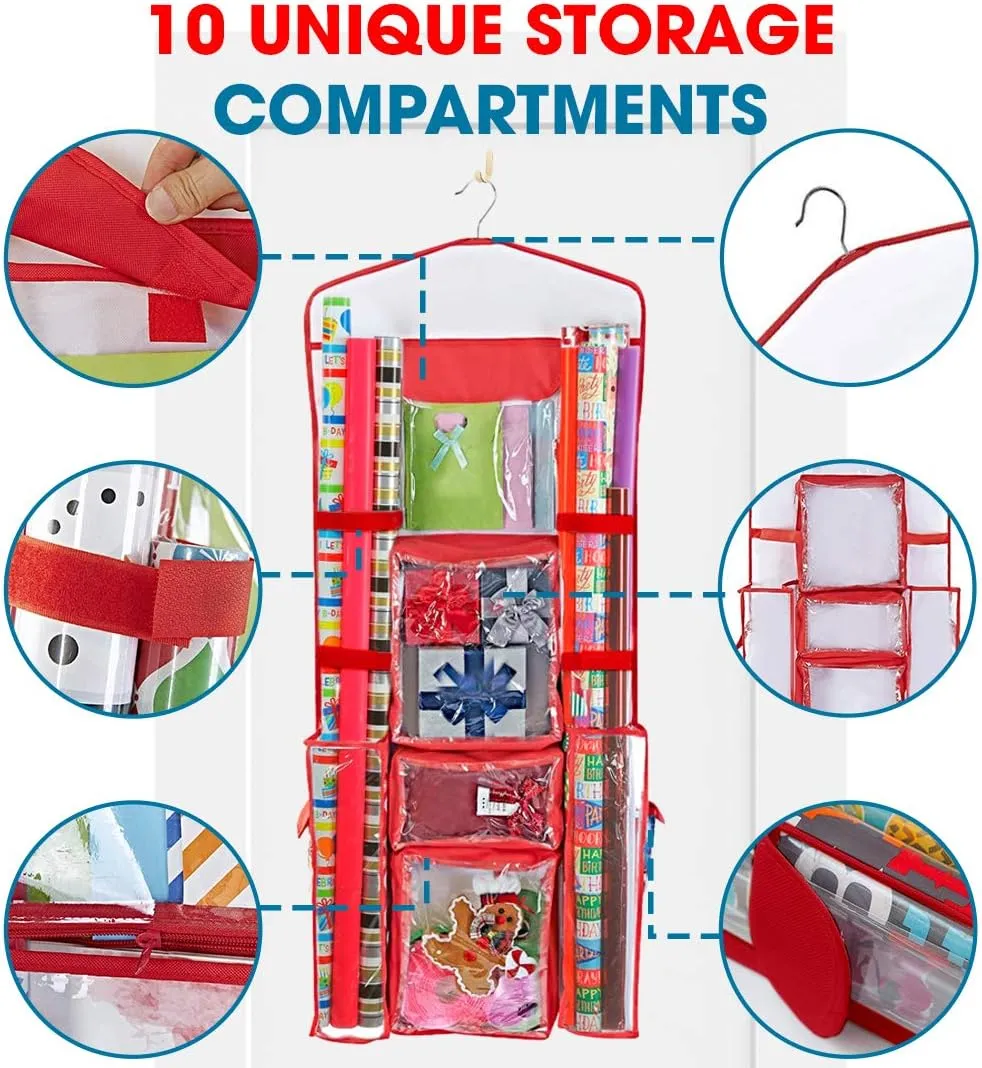 ProPik Hanging Double Sided Wrapping Paper Storage Organizer With Multiple Pockets Organize Your Gift Wrap, Gift Bags Bows Ribbons 40"X17" Fits 40 Inch Rolls Clear PVC Bag (Red)