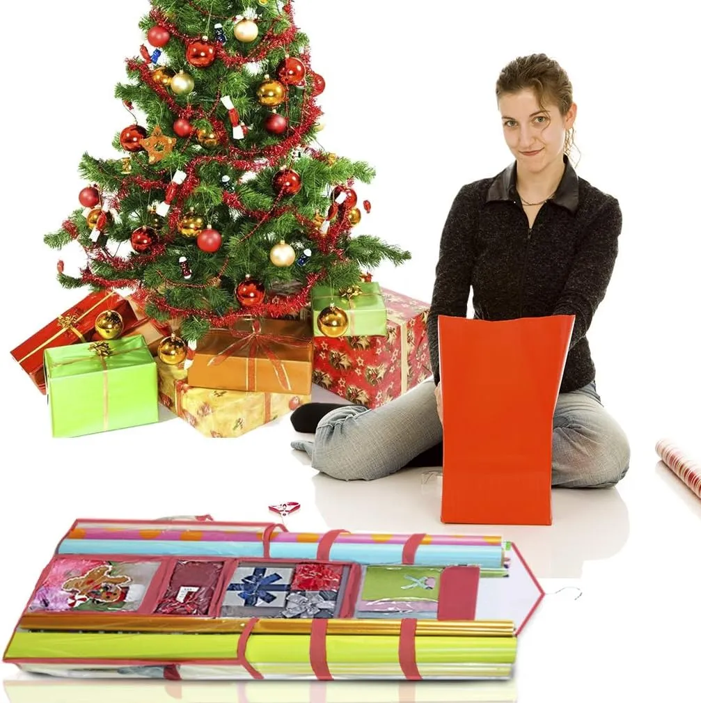 ProPik Hanging Double Sided Wrapping Paper Storage Organizer With Multiple Pockets Organize Your Gift Wrap, Gift Bags Bows Ribbons 40"X17" Fits 40 Inch Rolls Clear PVC Bag (Red)
