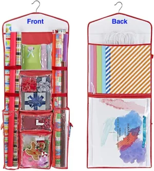 ProPik Hanging Double Sided Wrapping Paper Storage Organizer With Multiple Pockets Organize Your Gift Wrap, Gift Bags Bows Ribbons 40"X17" Fits 40 Inch Rolls Clear PVC Bag (Red)