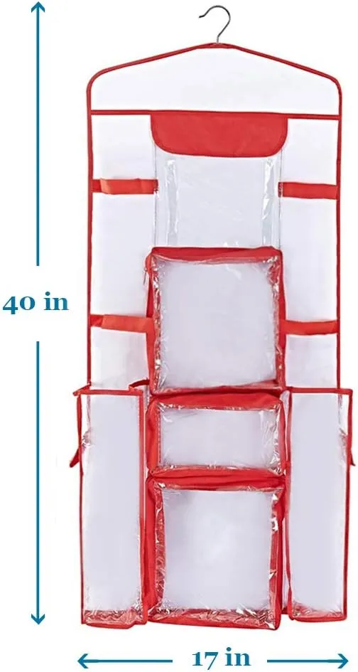 ProPik Hanging Double Sided Wrapping Paper Storage Organizer With Multiple Pockets Organize Your Gift Wrap, Gift Bags Bows Ribbons 40"X17" Fits 40 Inch Rolls Clear PVC Bag (Red)