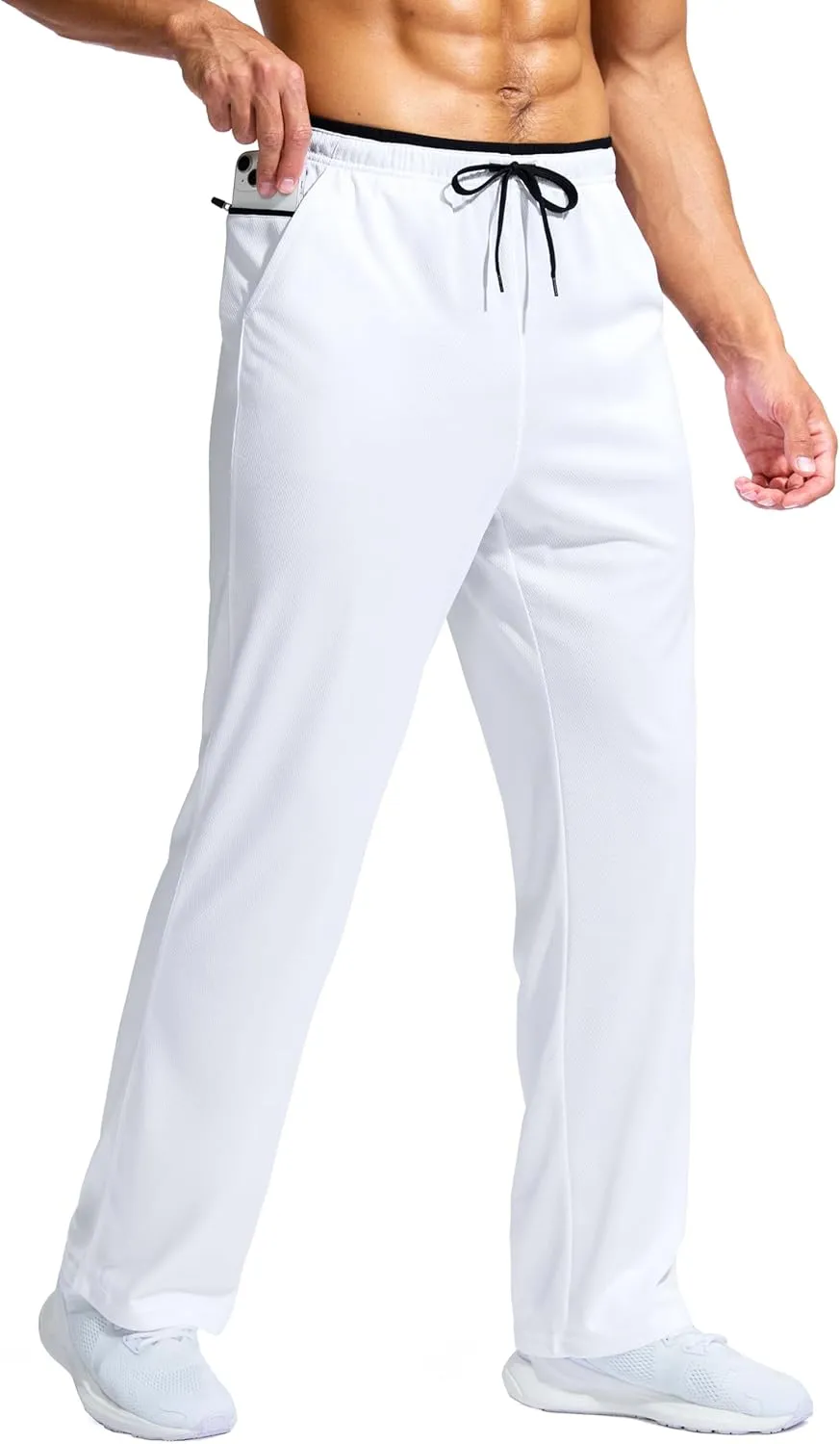 Pudolla Men's Mesh Pants with Pockets Lightweight Wide Leg Exercise Lounge Open Bottom Sweatpants(White Black L)