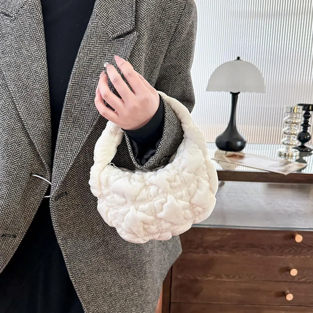 Puffer Bag for Women Mini Bubble Purse Velvet Clutch Lightweight Puffy Handbag Quilted Tote Bag Crescent Carryall Bag