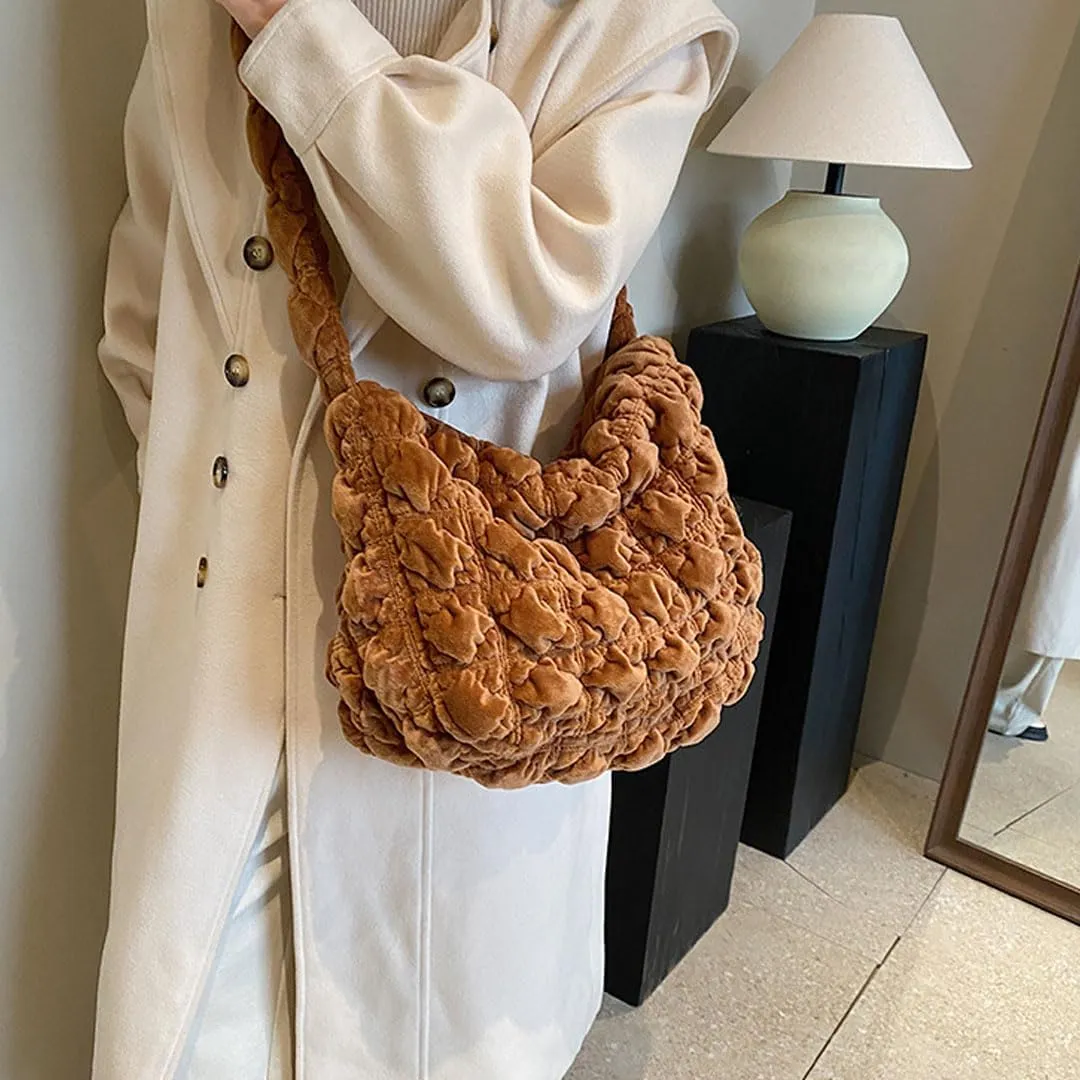 Puffer Tote Bag for Women Quilted Crossbody Bag Puff Shoulder Bag Puffy Purse Lightweight Velvet Bubble Hobo Handbag