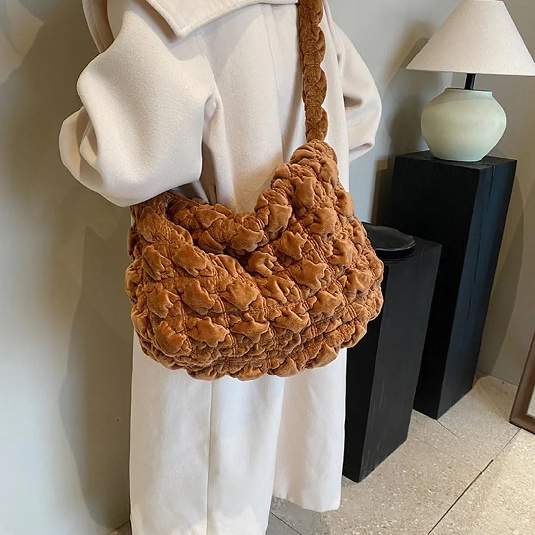 Puffer Tote Bag for Women Quilted Crossbody Bag Puff Shoulder Bag Puffy Purse Lightweight Velvet Bubble Hobo Handbag