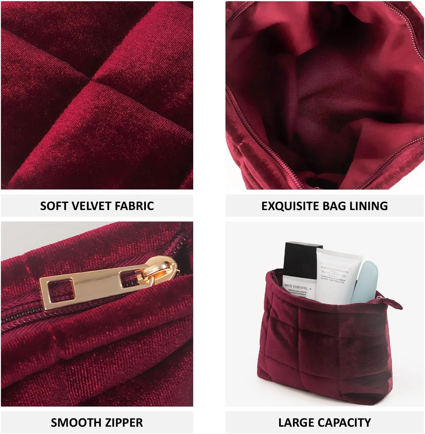 Puffy Quilted Makeup Bag, Cosmetic Bag, Travel Toiletry Organizer Pouch, Clutch for Women(Rose pink - Velvet)