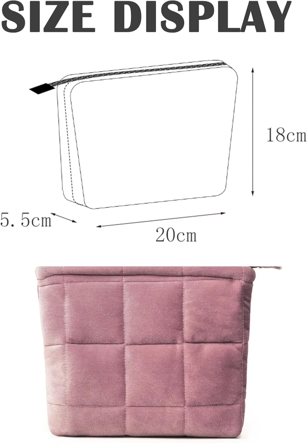 Puffy Quilted Makeup Bag, Cosmetic Bag, Travel Toiletry Organizer Pouch, Clutch for Women(Rose pink - Velvet)